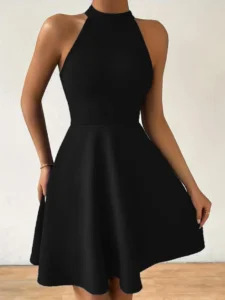 Slim Fit Hanging Neck Sleeveless Off-the-Shoulder A-Line Short Skirt Waist Cinched Dress for Women