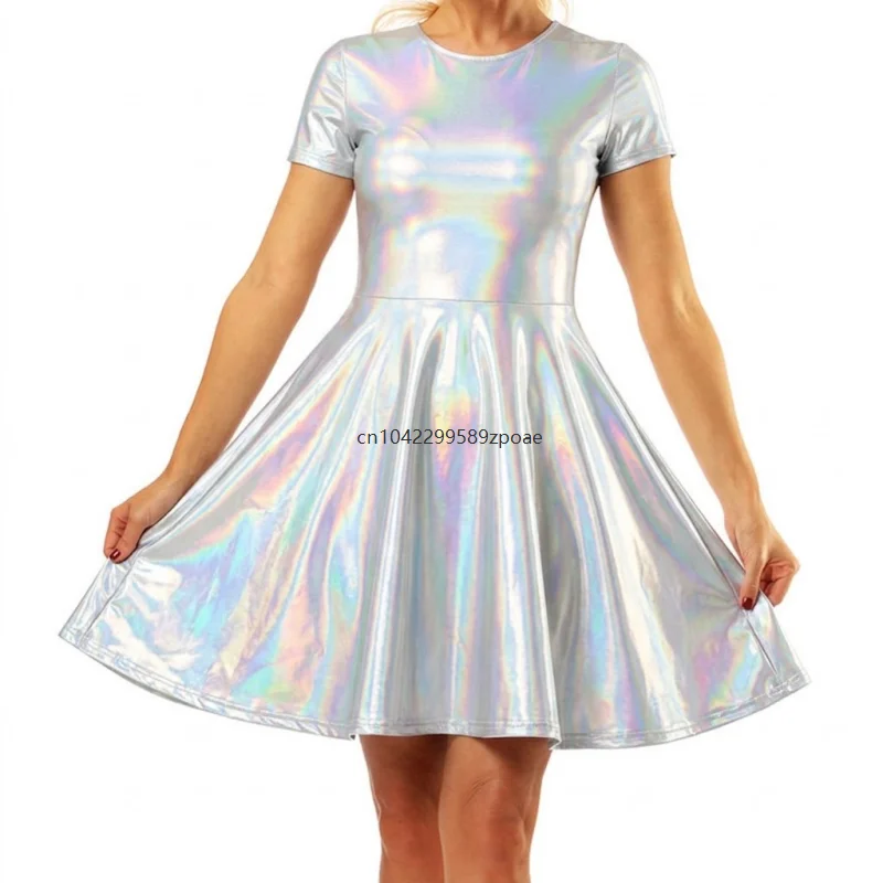 Metallic Shiny Short Sleeve Round Neck Skater Mini Dress Laser Rainbow Silver Purple Flared Swing Costume Party Club Night Dress 5