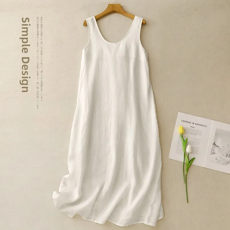 New Summer Casual Cotton Linen Svel Dr Soft Fabric Thin Sle Artistic High Waist round Ne Long Dr for Women 2