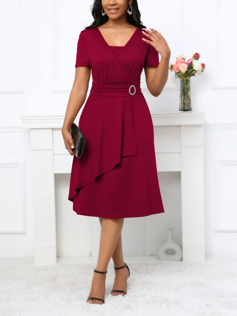 Womens Short Sleeve Summer Square Neck Casual Wrap Fit And Flare Solid Color Swing Midi Dress 6