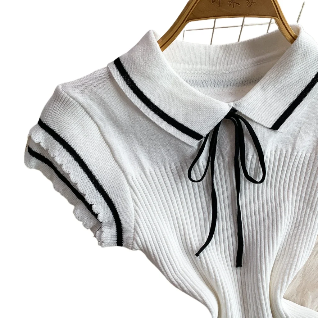 Women's White Black Contrast Collar Tie Sundress Sleeveless Ribbed Knit Stretchy A Line Mini Dress Casual Summer Party Dress 4