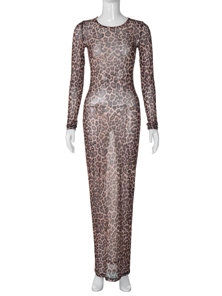Hugcitar Leopard Print Mesh Long Sleeve Sexy Slim  See Through Maxi Dress Fall Women Fashion Outfits Beach Vacation Club 6