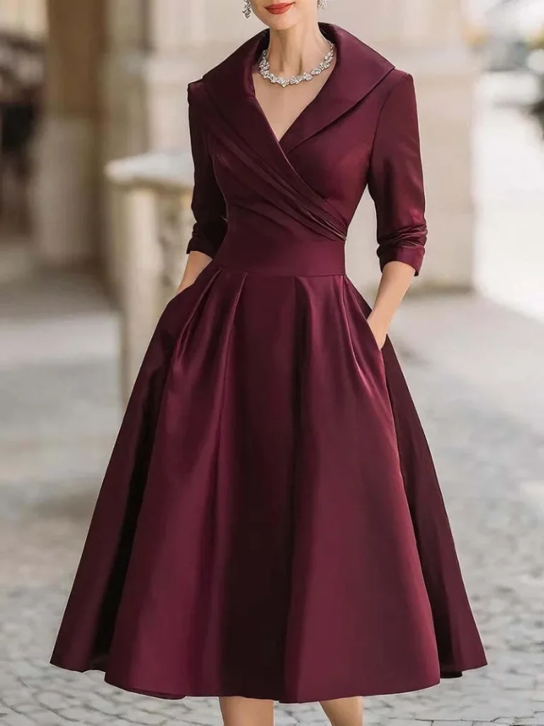 Women's Vintage V Neck Long Sleeve Wrap Waist A Line Midi Dress with Pockets 4