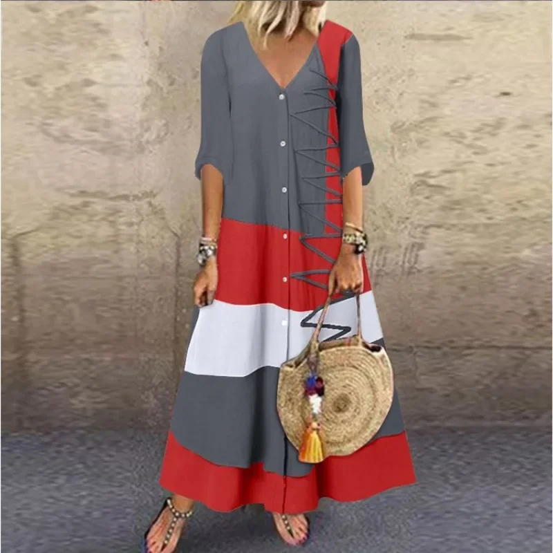 Women's Summer Color Block Patchwork Printed Dress V-neck Short Sleeved Fashion Dress Button Women's Casual Loose Long Dress 1