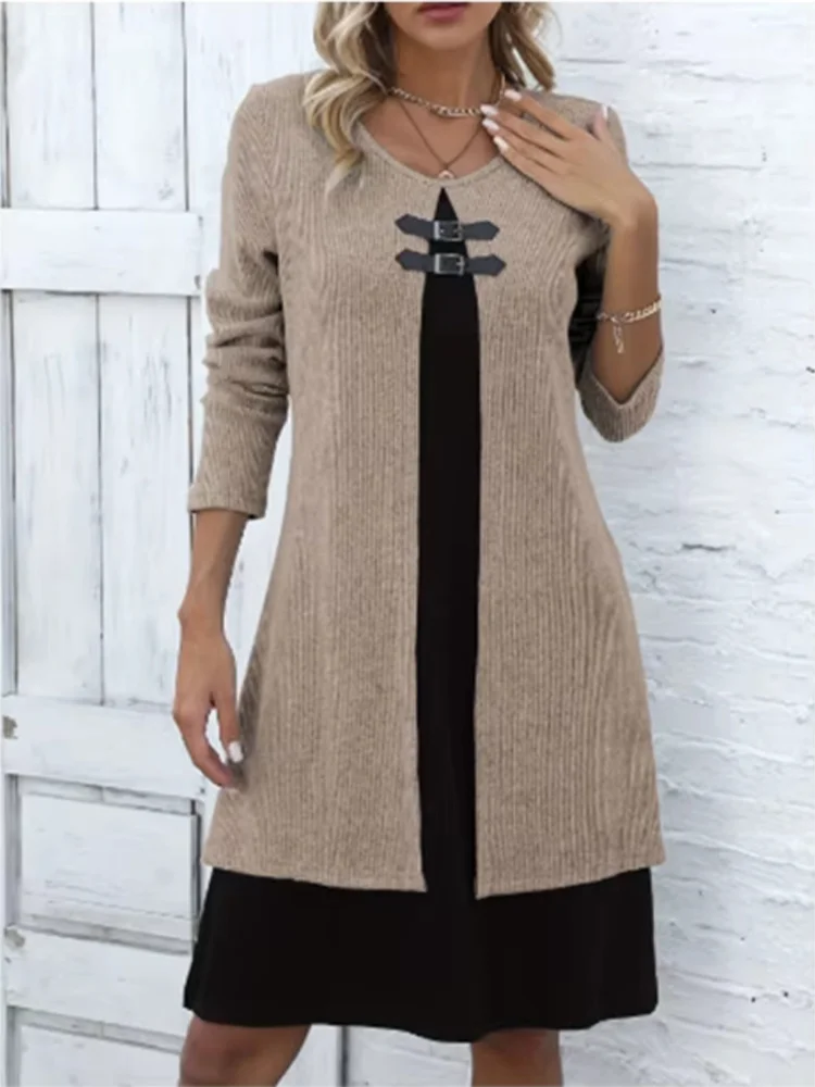 Women's Fashion Midi Dress, Ribbed Knit Construction with Contrast Insert and Buckle Detail 6