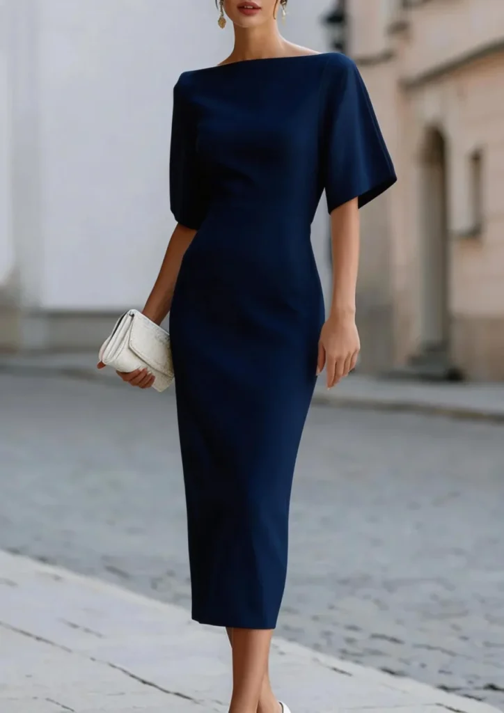 Women Boat Neck Short Sleeve Midi Bodycon Dress Elegant Formal Office Wedding Guest Pencil Dress 6