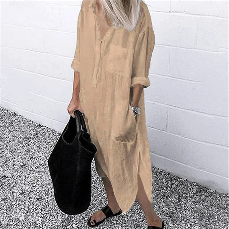 Women Elegant Cotton Linen Solid Color Dresses Summer Comfortable Female Casual Commuter Dress Multi-pocket Split Hem Loose Gown 4