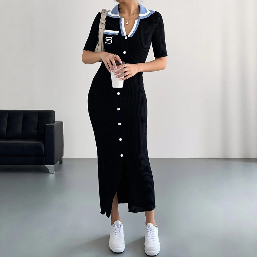 YuooMuoo Chic Fashion Sexy Wrap Hips Knitted Long Dress 2026 New Brand Fashion Embroidery Single-breasted Shirt Dress Streetwear 1