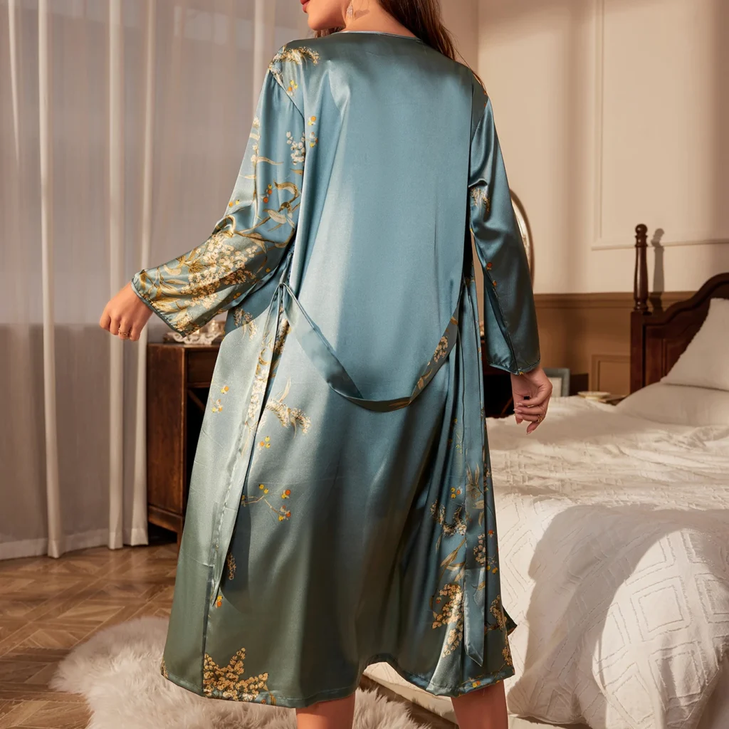 Cherry Print Belted Robe Sexy Satin Elegant Loungewear Four Seasons Breathable Sleepwear for Women 2