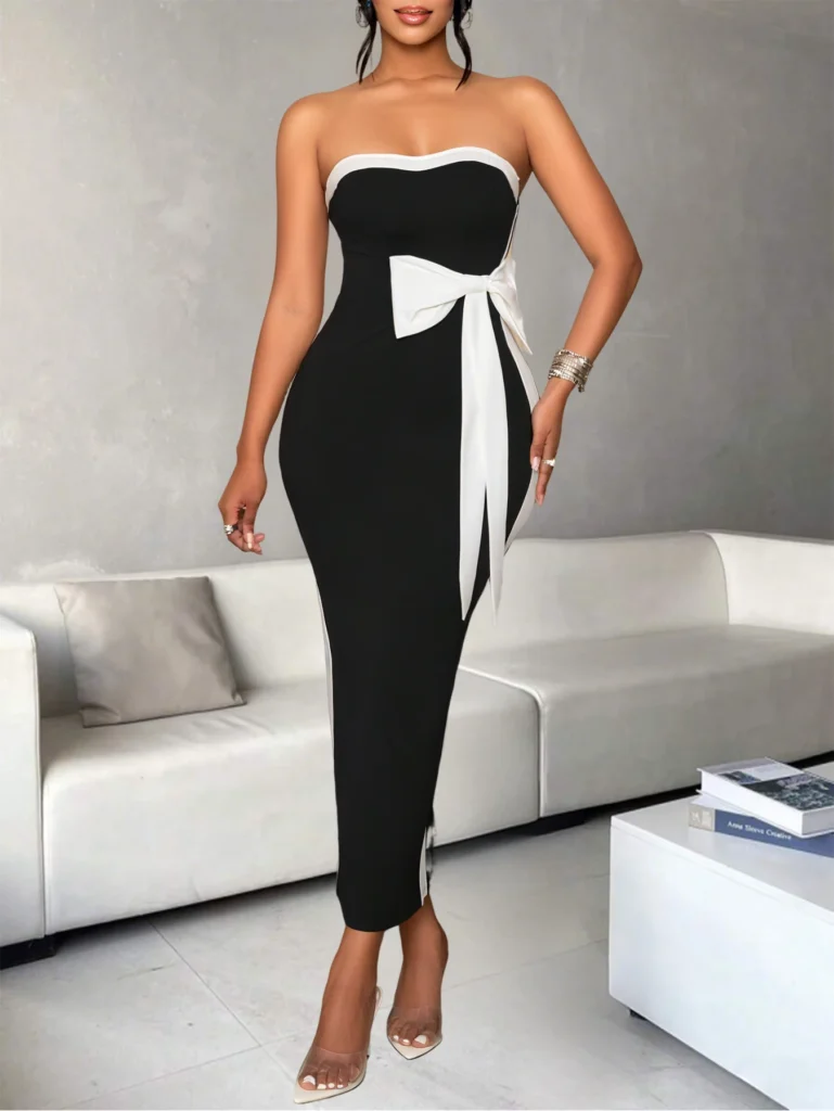 Ladies Fashion Elegant Color Block Knot Design One Shoulder Dress Stylish Graceful Versatile Butterfly Bow Dress for Women 1