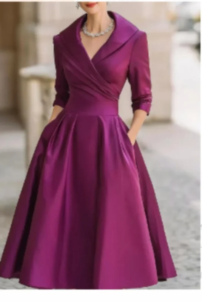 Women's Vintage V Neck Long Sleeve Wrap Waist A Line Midi Dress with Pockets 5