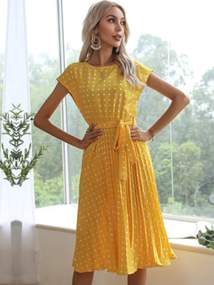 2022 New Summer Polka Dots Sleeveless Pleated Dresses For Women High Waist Midi Elegant Office Green Lady Dinner Party Clothes 5