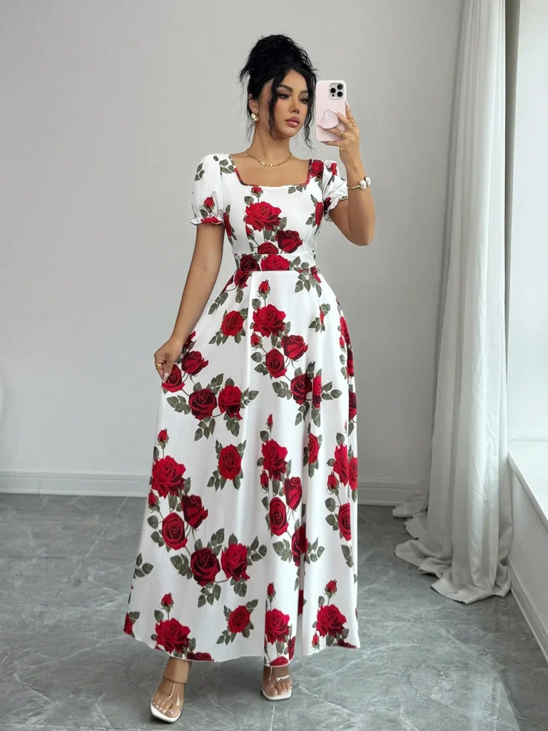 Women Rose Floral Print Maxi Dresses Square Neck Puff Short Sleeve Back Smocked Elastic Waist Flowy A Line Summer Vacation Dress 2