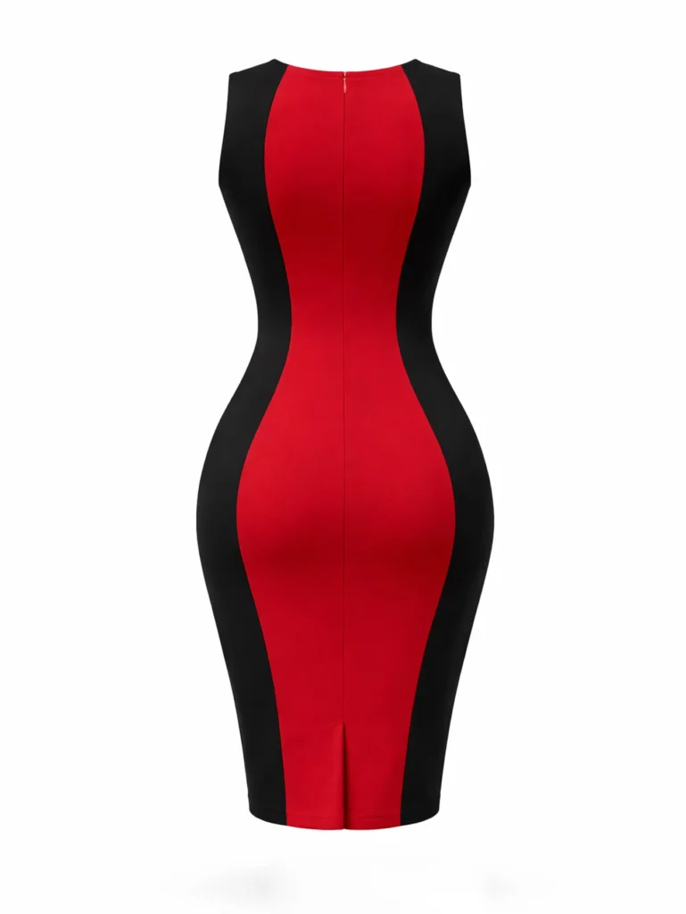 Women Elegant Color Block Round Neck Sleeveless Summer Office Work Knee Length Bodycon Dress Slim Fit Patchwork Pencil Dress 5