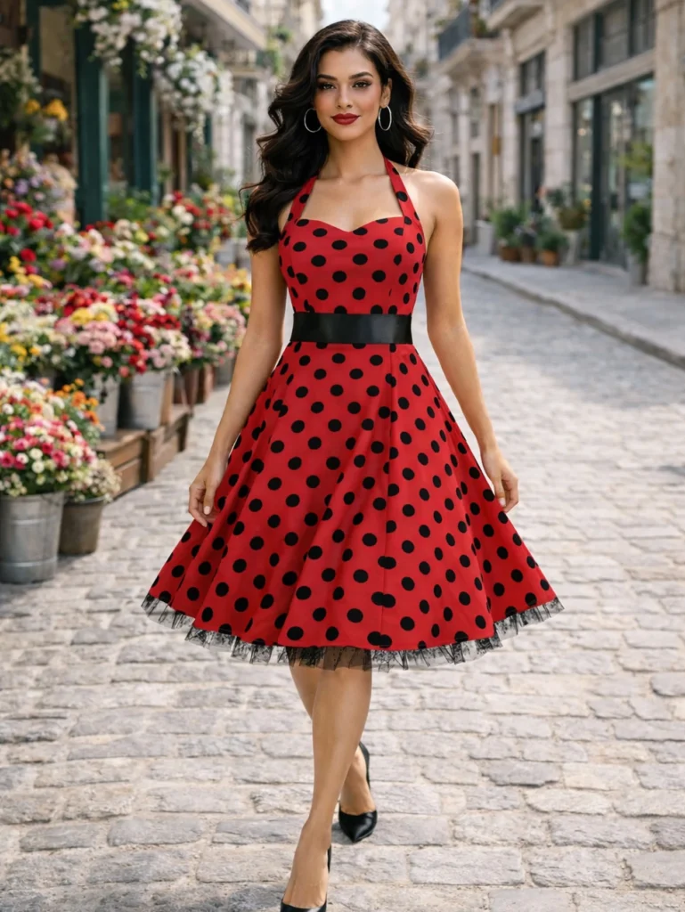 Womens Hepburn Halter Neck Polka Dot Elegant 1950s A-Line Casual Party Fit And Flare Skater Swing Vintage Dress 1