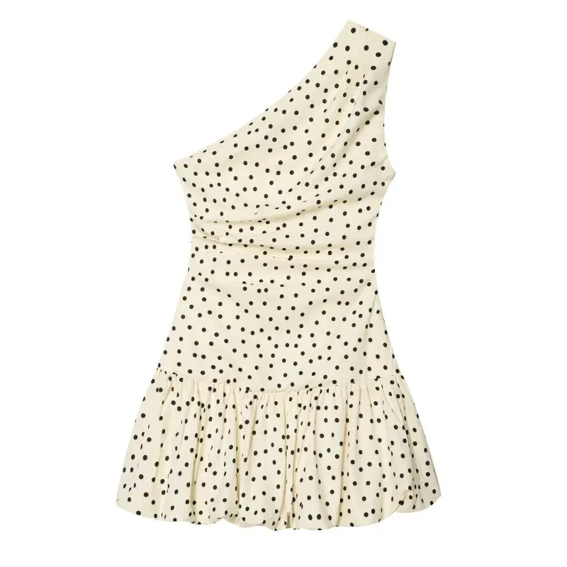 Women One Shoulder Sleeveless Polka Dot Mini Dress Ruched Waist Ruffle Hem Elegant Casual Party Short Dress Spring Summer 3