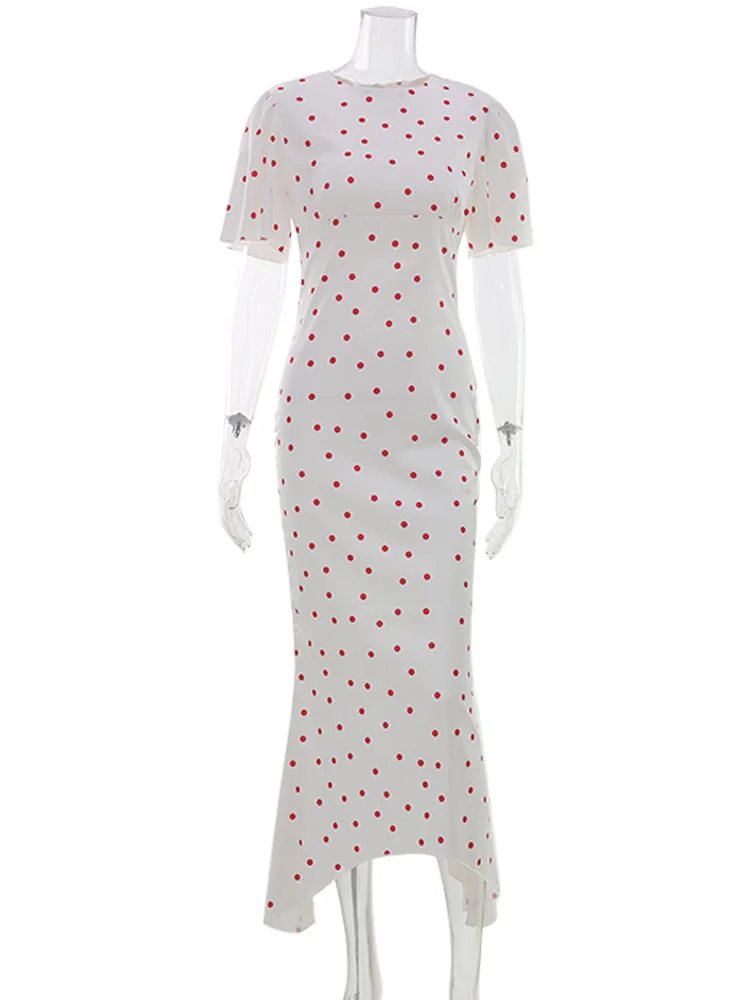 Huhugirl Dot Printing Long Dresses Elegant Half Sleeves O-Neck Casual Chic French Sweet Street Style For Women Summer Slim Soft 6