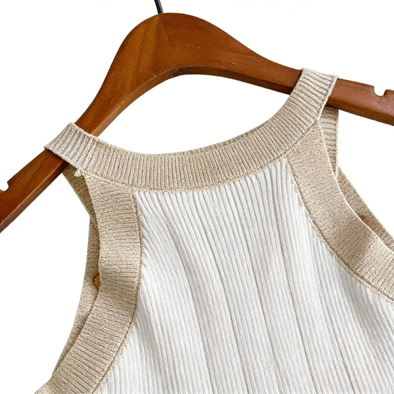 Women's White Sleeveless Halter Neck Gold Button Detail Contrast Trim Stretchy Ribbed Knit Bodycon Mini Dress Casual Party Dress 6