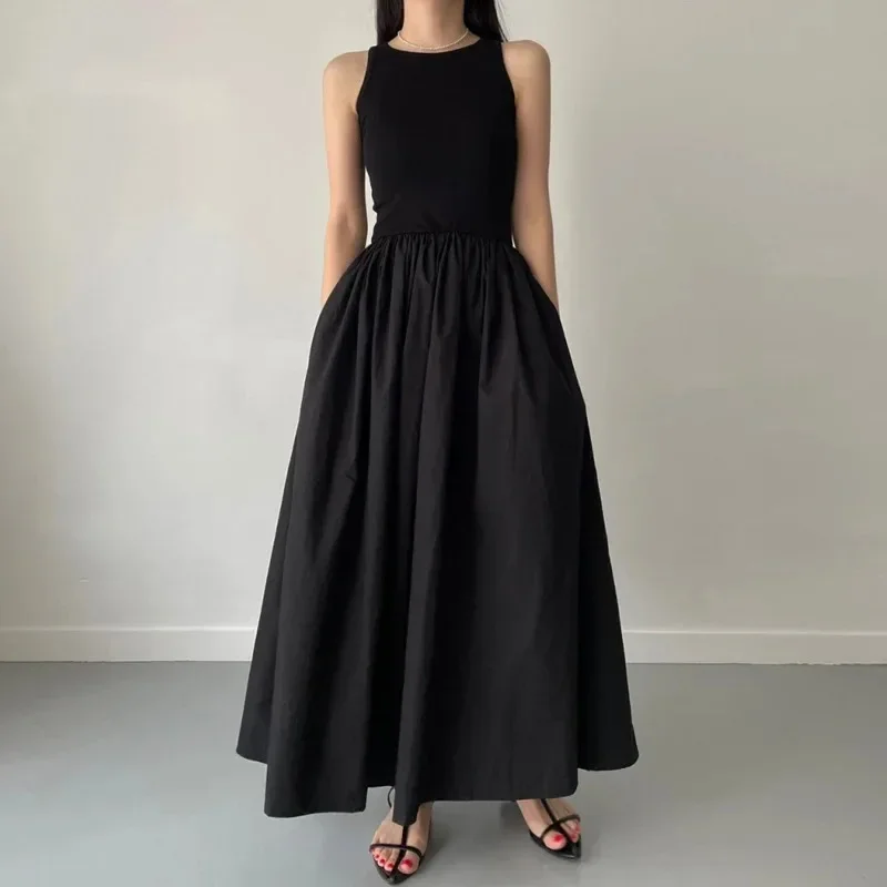 New Summer Simple Elegant Black Long Dresses For Women Round Neck Sleeveless High Waist Temperament Female Fashion Style Dress 1
