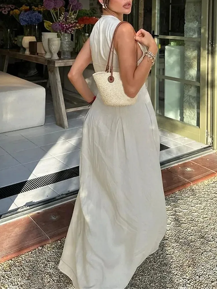 MUJER Zipper Long Dress Woman Pleated Sleeveless Bodycon Dress Summer Elegant Party Dresses For Women 2025 New Midi Dresses 3