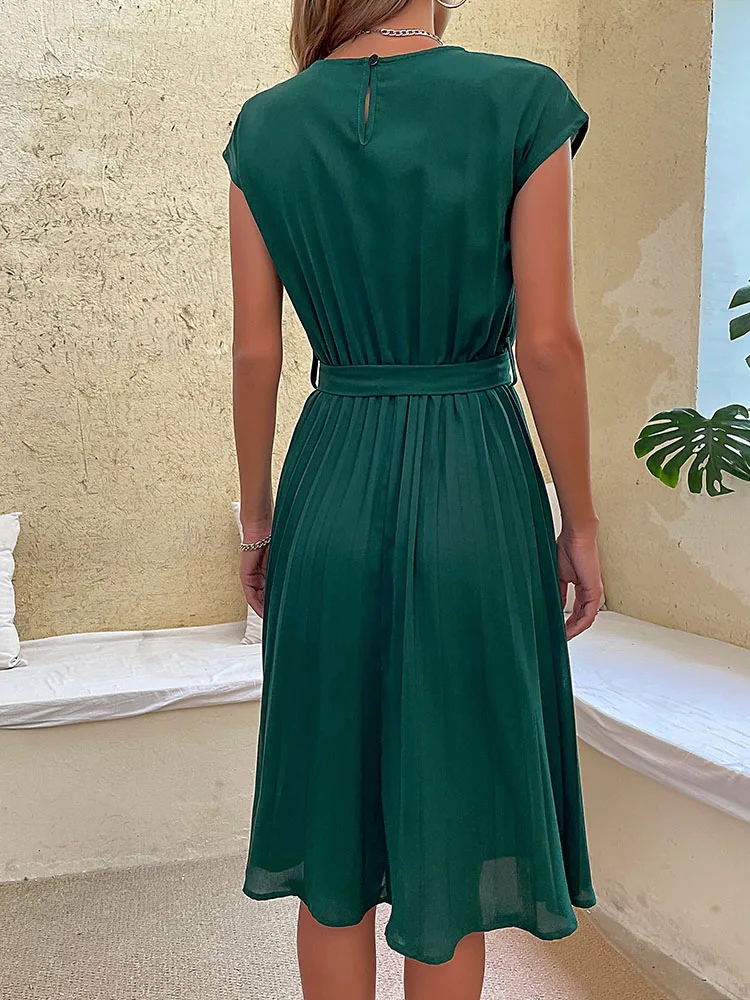 Elegant Women Summer Casual Beach Sundress Short Sleeve Pleated Midi Dress Soild Colour O Neck Tunic Dresses Fashion 5
