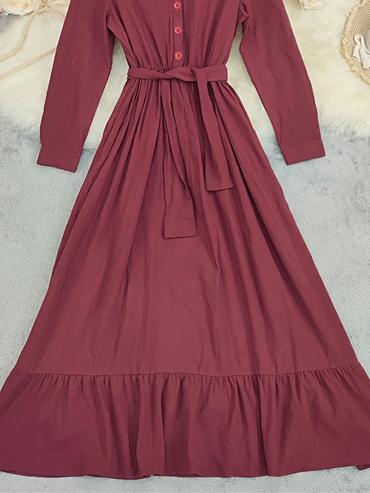 Fashionable women's burgundy deep V-neck long dress with a drawstring waist, textured fabric, vintage Bohemian casual style 4
