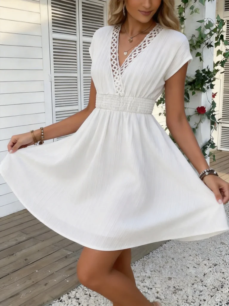French Lace V-neck Fitted Dress with Waistline and Short Puff Sleeves. Striped Texture Short Skirt with Vertical Lines. Beach-st 6