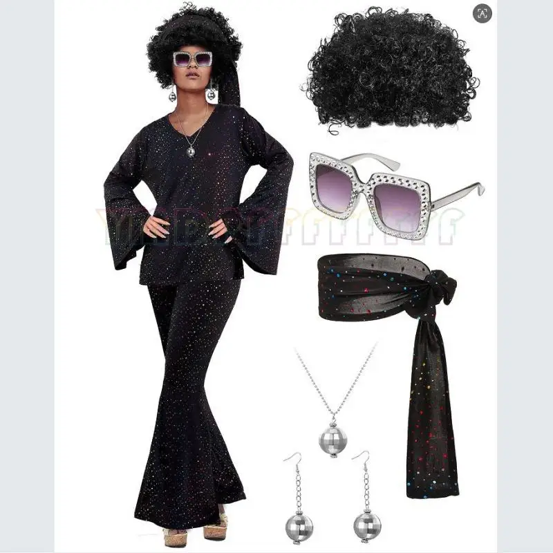 Women's Halloween Disco Party 70s Women's Disco Costume Set Top Pants Sunglasses Necklace Earrings Wig Cosplay Set 10 Color Sele 4