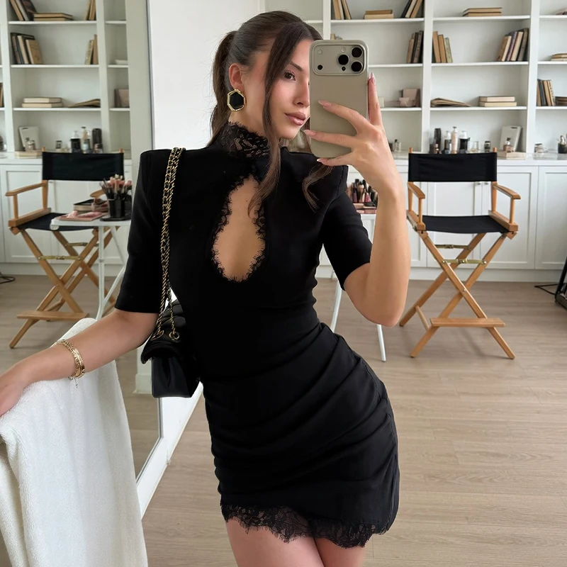 Black Lace Mini Dress Women Short Sleeve Bodycon Sexy Dresses Elegant Summer Hollow Out Party Slim Dress Vestidos For Holiday 1