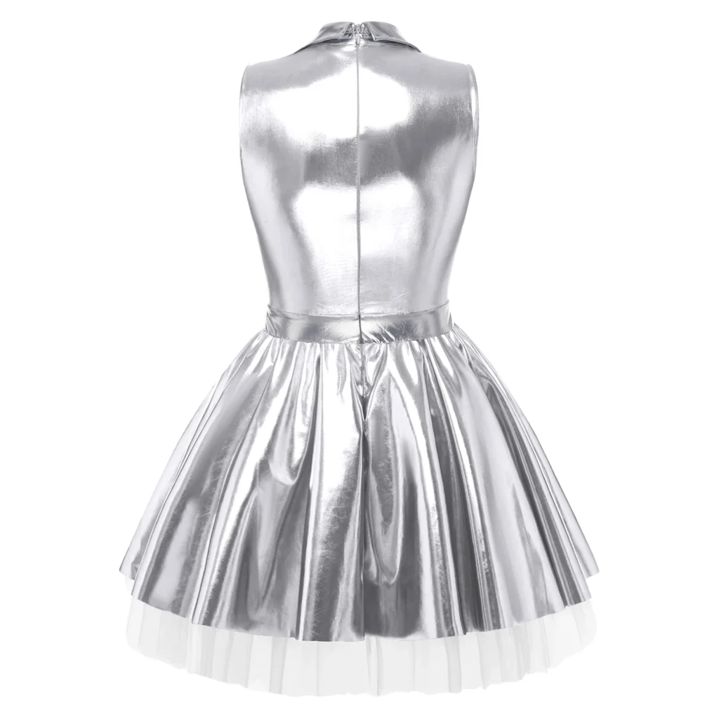 Womens Adult Metallic Shiny Disco Bar Tutu Dress Lapel V Neck Sleeveless A-line Hem with Tulle Layers Retro Pleated Mini Dress 5