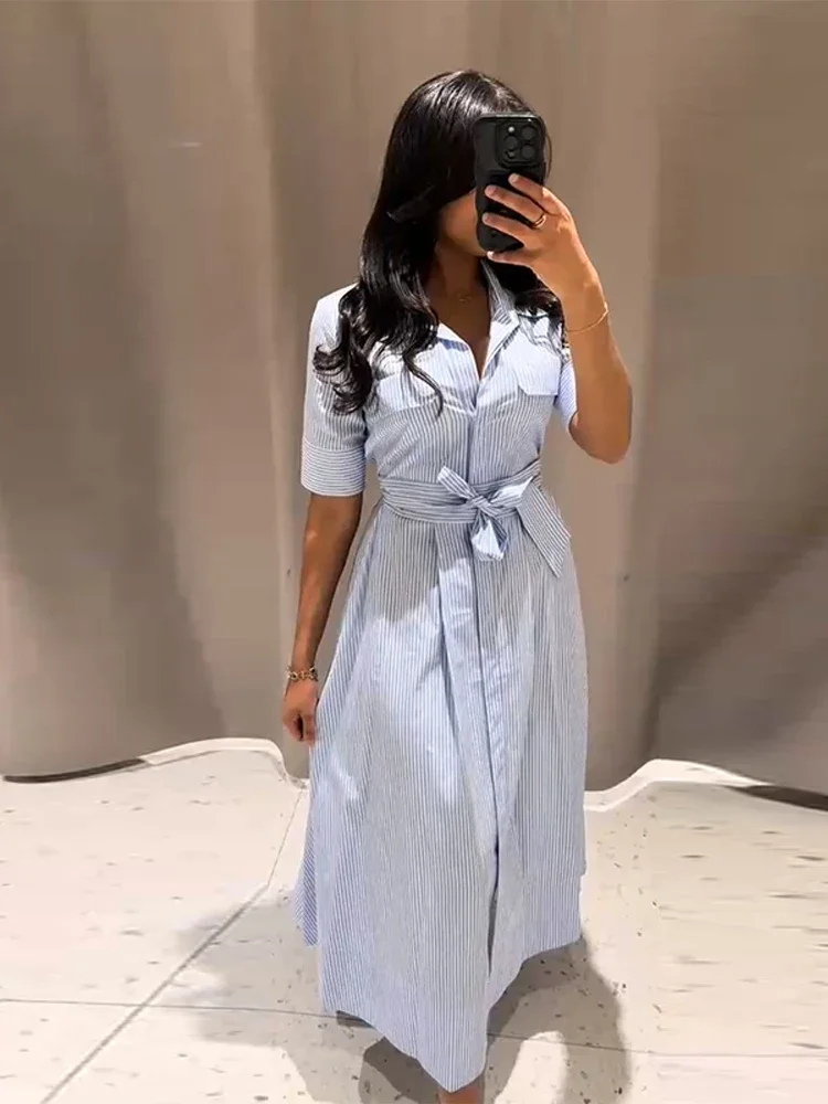 Elegant Women's Striped Long Dress Summer Lace Up Turn-Down Collar Single-breasted Blue A-line Dresses 2026 Lady Holiday Robes 2