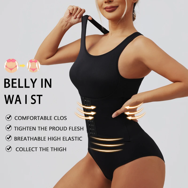 Women Bodysuit Shapewear with Zipper Belt Tummy Control Fajas Body Shaper Snap Crotch Waist Trainer Slimming Cincher Corset Tops 3