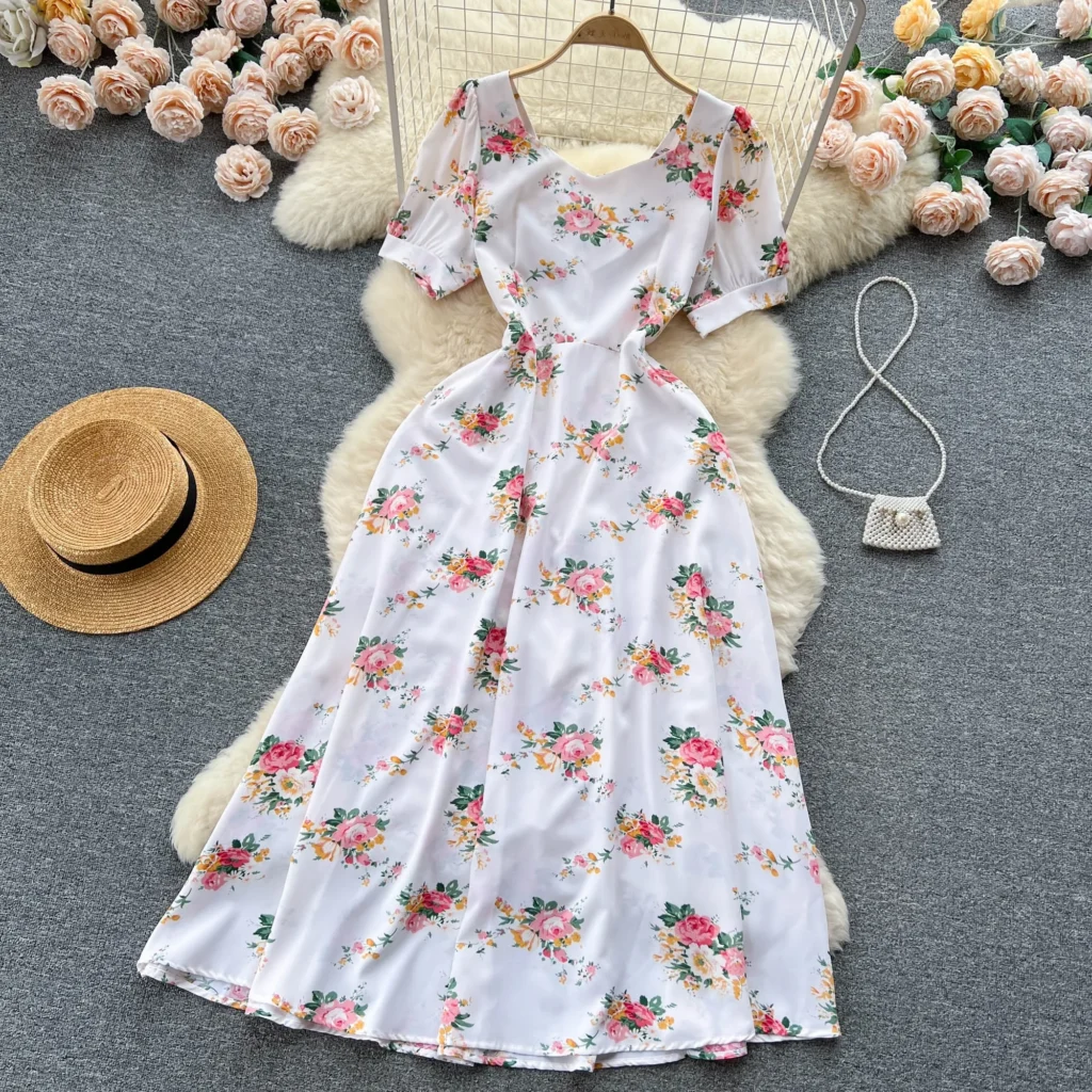 Sweet Style Square Collar Short-sleeve Print Contrast Color High Waist A-line Women's Dress 2024 Summer New Dresses 6