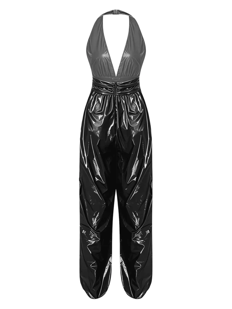 Womens Wet Look Halter Jumpsuit Deep V Ruched Waist Wide Leg Jumpsuit Glossy Water Resistant Back Zipper Side Split Rompers 5