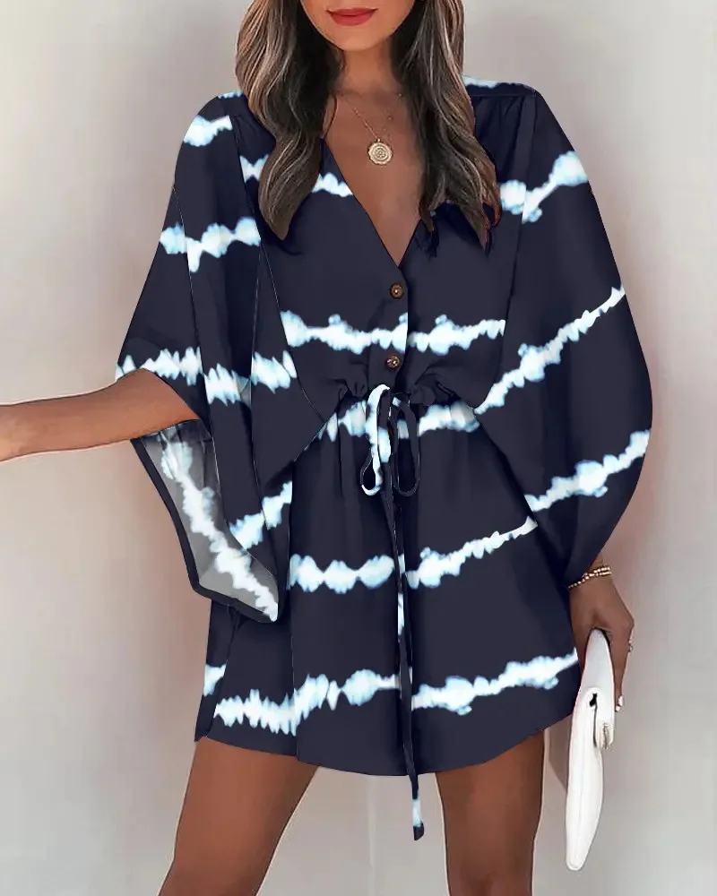 Women Print Dress Sexy V-Neck Bat Sleeve Ruffl Flowers Print Bohemian Beach Sundress Ladies Loose Summer Vacation Mini Dresses 2