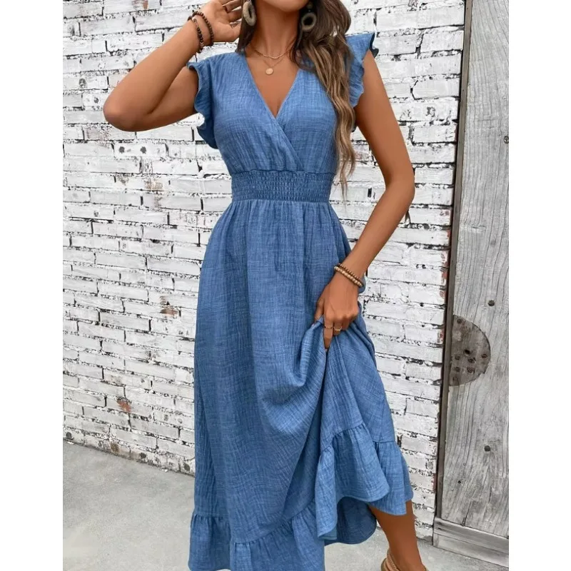 Women Maxi Dress 2026 New V Neck Denim Blue Long Dress Casual Loose Ruffle Hem Sundress for Summer Beach Vacation Daily Wear 4