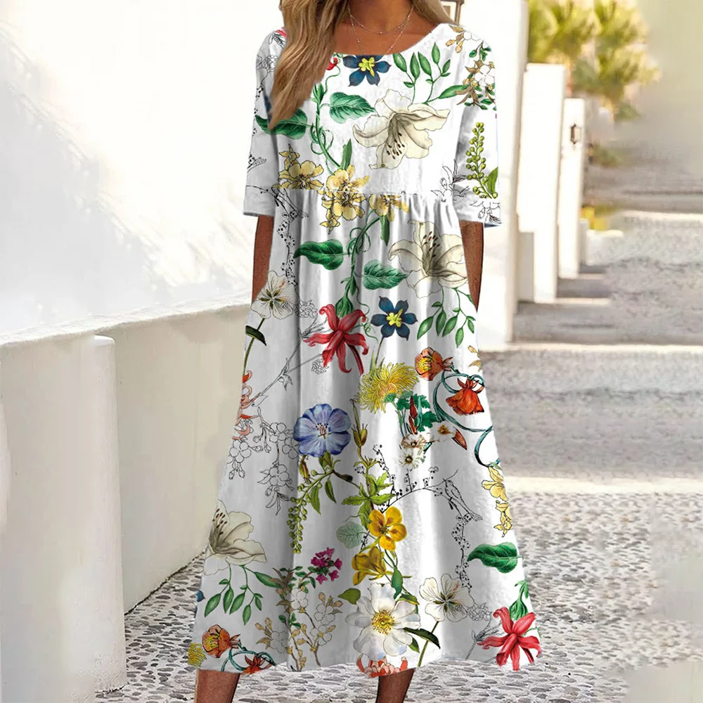 2026Summer New Arrival Women's Casual Crew Neck Pocket Short Sleeve Printed Dress 2