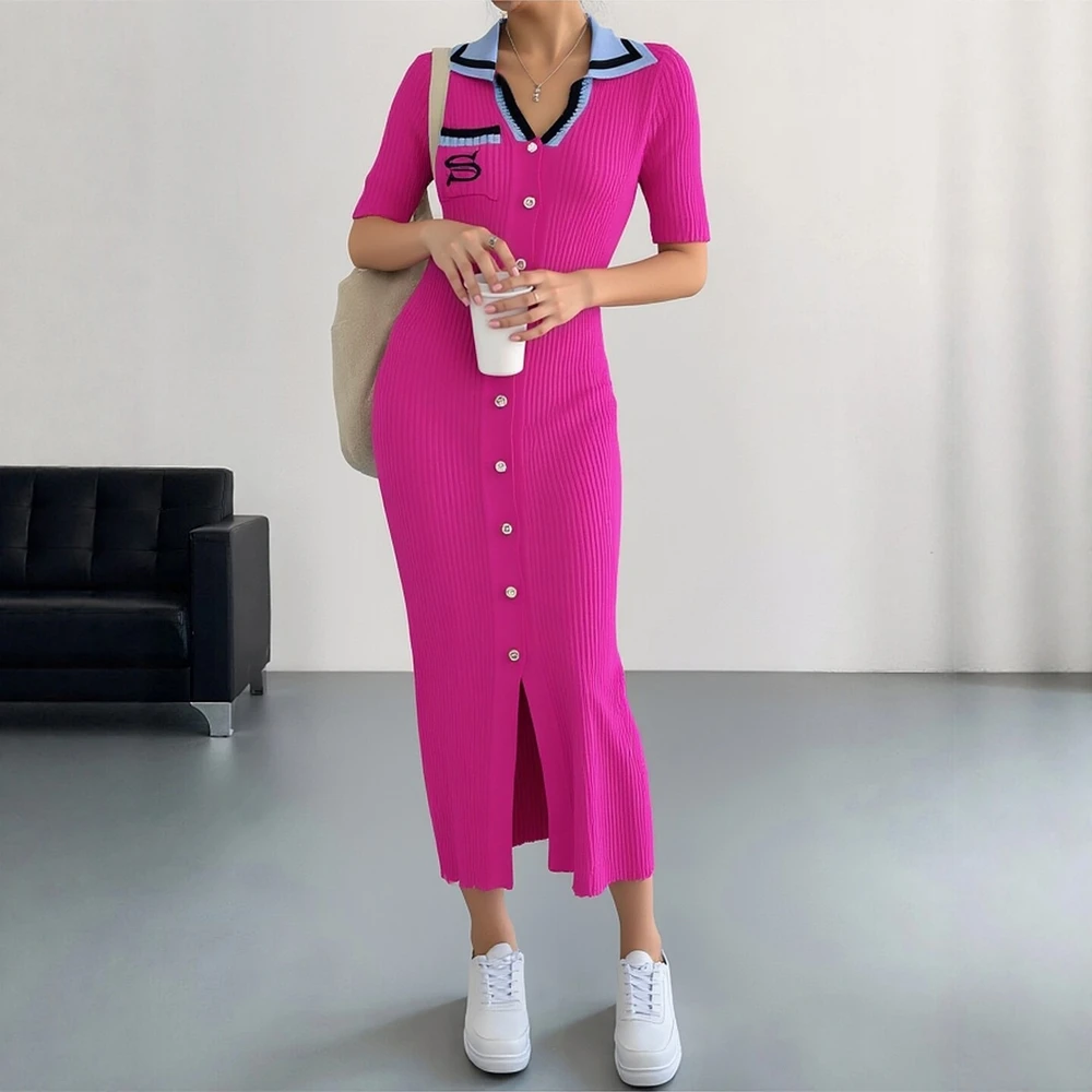 YuooMuoo Chic Fashion Sexy Wrap Hips Knitted Long Dress 2026 New Brand Fashion Embroidery Single-breasted Shirt Dress Streetwear 4