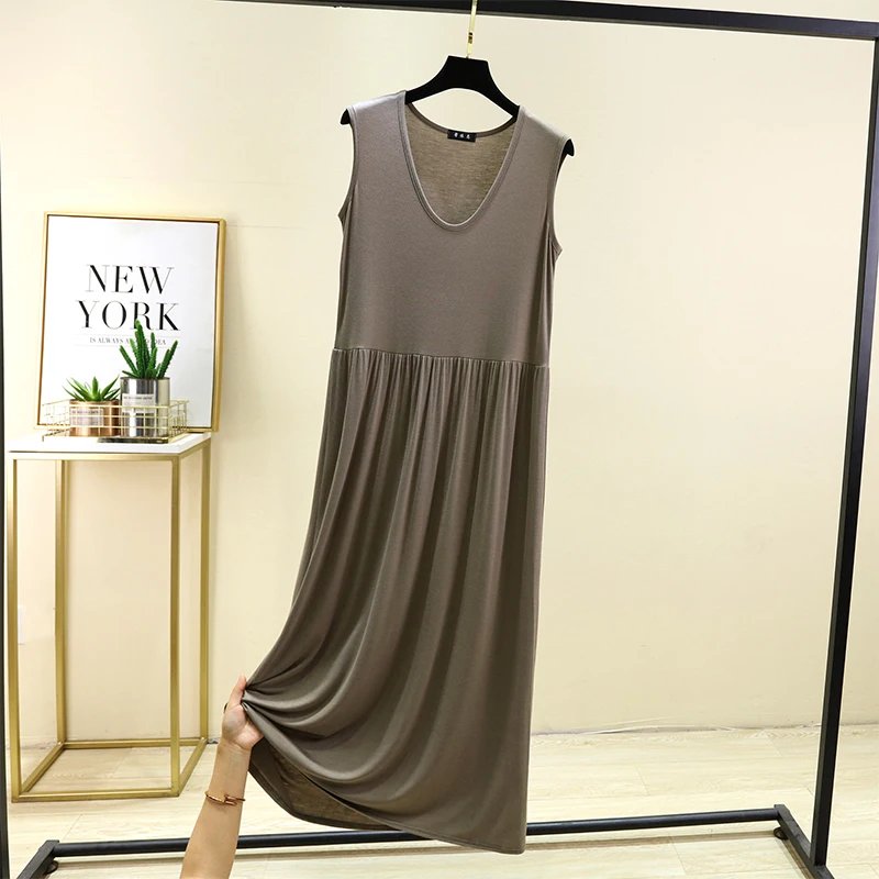 plus Size Modal Vest Skirt Women Summer Loose Thin Pleated Home Sleep Dress round Neck Base Skirt Outdoor Long Skirt 5