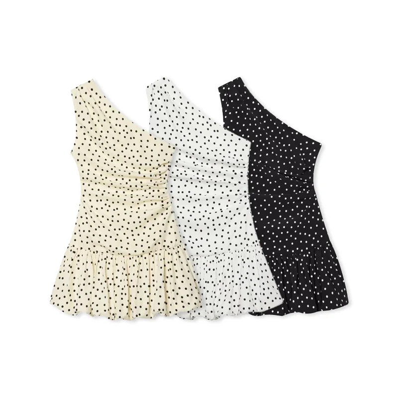 Women One Shoulder Sleeveless Polka Dot Mini Dress Ruched Waist Ruffle Hem Elegant Casual Party Short Dress Spring Summer 1