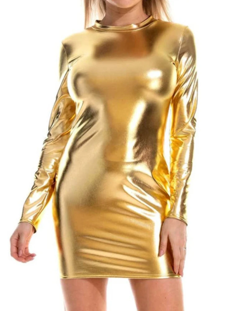 Sexy Shiny Gilding PU Patent Leather Slim Bodycon Dress Women Long Sleeves Solid Color Skinny Dress Elegant Club Party Vestidos 2