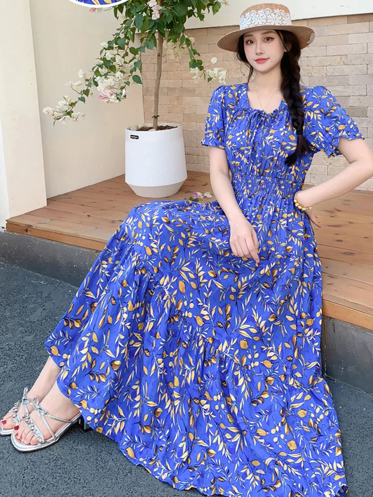 Summer New Cotton Silk Floral Print Maxi Dr ort Sve Beachwear High Waist Young Women's Large Skirt Swing Dr 3