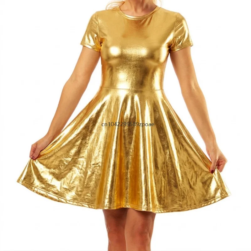Metallic Shiny Short Sleeve Round Neck Skater Mini Dress Laser Rainbow Silver Purple Flared Swing Costume Party Club Night Dress 6