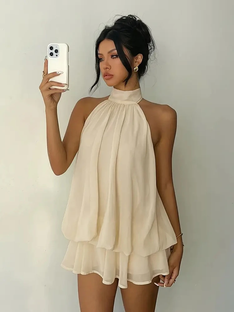 Women Halter Neck Backless Tie Mini Dress Summer Sleeveless Chiffon Ruffle Short Dresses Sexy Club Party Beach Vacation Outfit 5
