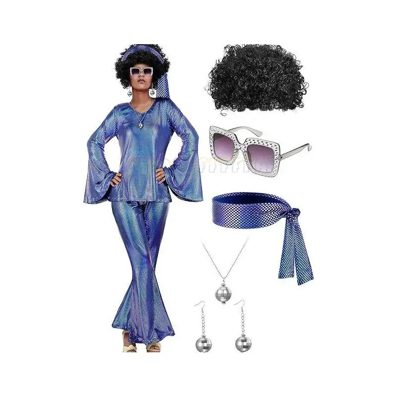 Women's Halloween Disco Party 70s Women's Disco Costume Set Top Pants Sunglasses Necklace Earrings Wig Cosplay Set 10 Color Sele 2