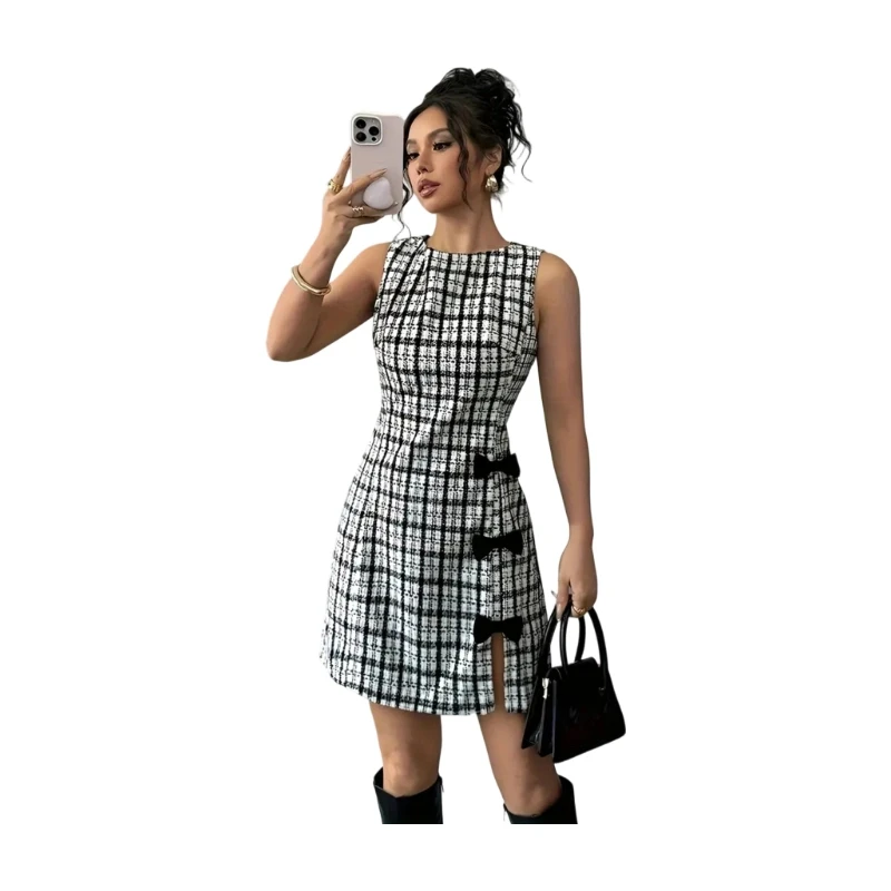 Women Round Neck Sleeveless Plaid Mini Dress Bow Decor Slit Hem Bodycon Dress For Party Daily Occasion 4