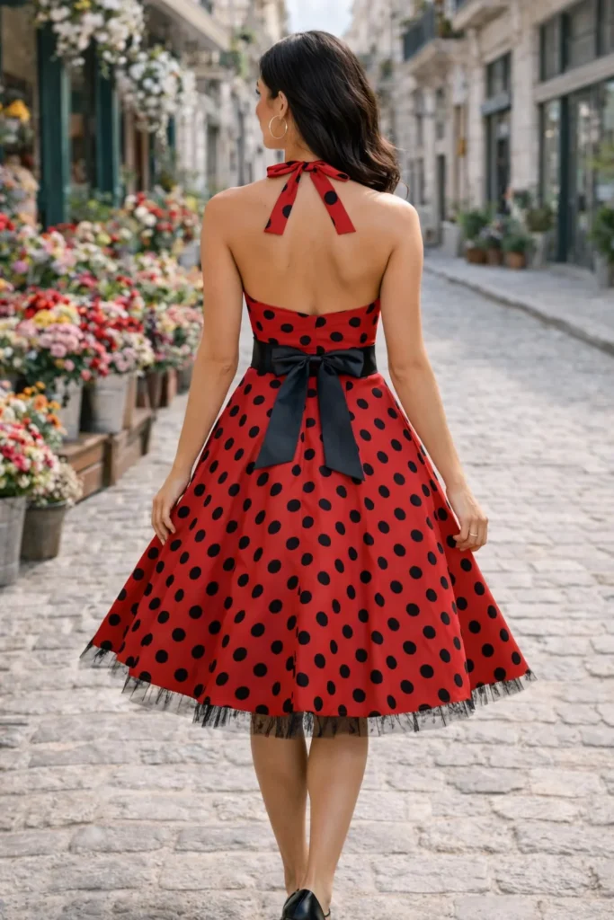 Womens Hepburn Halter Neck Polka Dot Elegant 1950s A-Line Casual Party Fit And Flare Skater Swing Vintage Dress 2