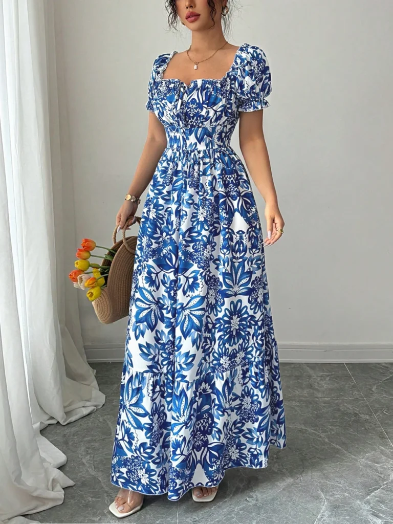 Women's Casual Dresses Puff Sleeve Floral Print Tie Front Dress  Boho Dress Vacation Beach Picnic Date Party Summer Dress 4