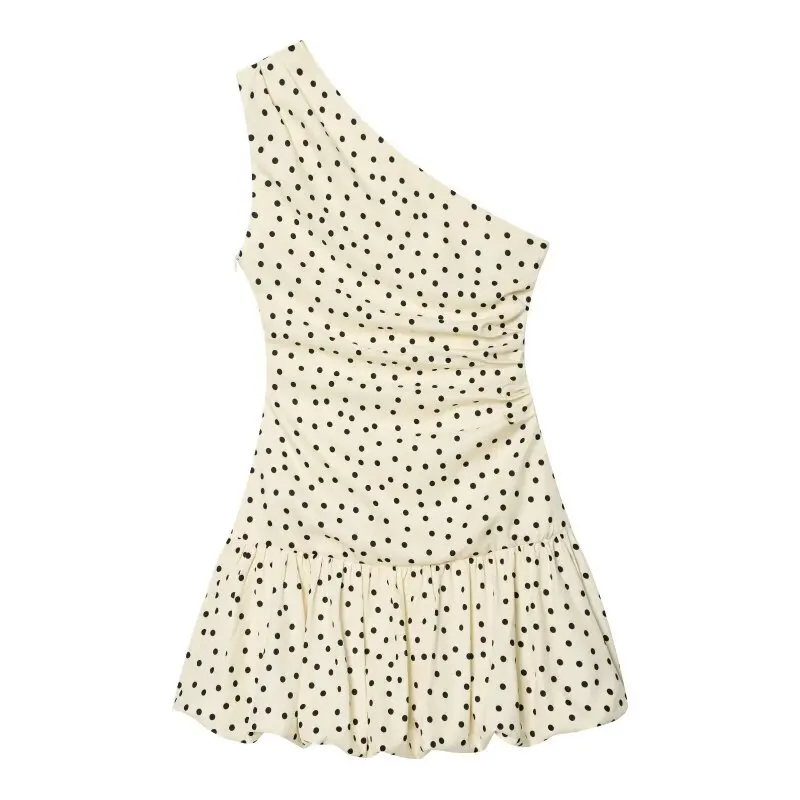 Women One Shoulder Sleeveless Polka Dot Mini Dress Ruched Waist Ruffle Hem Elegant Casual Party Short Dress Spring Summer 2