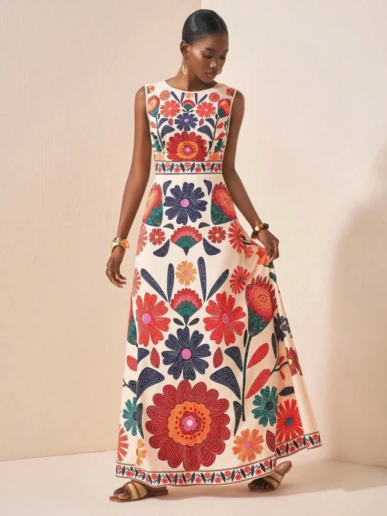 Women Floral Embroidery Maxi Dress Sleeveless Round Neck A-Line Long Dress Summer Beach Wedding Guest Holiday Party Dresses 2